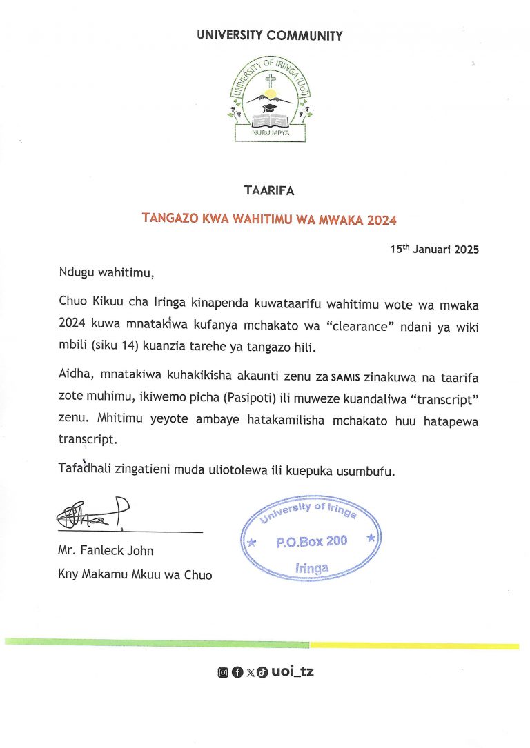 Read more about the article TANGAZO LA ZOEZI LA CLEARANCE KWA WAHITIMU WA 2024